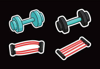 Set of Cartoon Dumbbell and Resistance Band Exercise Equipment Stickers. Flat Vector Illustration of Gym Gear for Fitness, Workout, Sport, and Healthy Lifestyle Concepts.