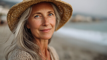 senior woman joyful and confident posing for a beach portrait with natural sunlight soft surf and open sky creating a warm inviting outdoor scene