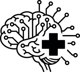 Abstract Vector Icon of Human Brain with Circuit Board and Medical Cross Symbolizing Digital Health Technology and AI Medicine.