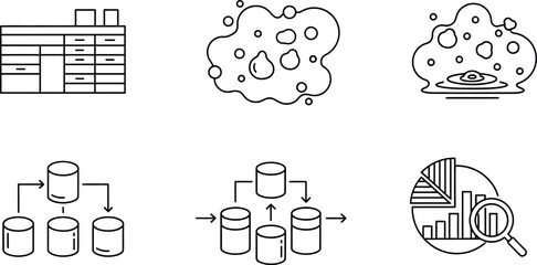Big Data Analytics, Information Processing and Storage Icons Set. Vector Outline Symbols for Database, Data Flow, Migration, Structure, Dirty Data, and Reporting.