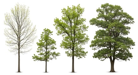 Four deciduous trees isolated on white, from bud to full leaf