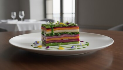 Colorful layered vegetable dish presented with artistic plating to illustrate trend of elevated plant cuisine in fine dining. Image represents idea of culinary creativity through modern gastronomy