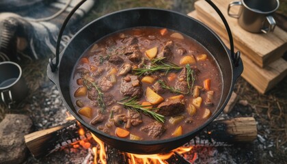 A simmering pot of stew over a campfire evokes outdoor adventure comfort cooking tradition and seasonal gatherings with warm earthy tones expressing rustic charm and the appeal of shared meals