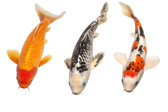 Three koi fish with orange, black and white patterns isolated on transparent background, swimming in different directions, showcasing their individual beauty and charm