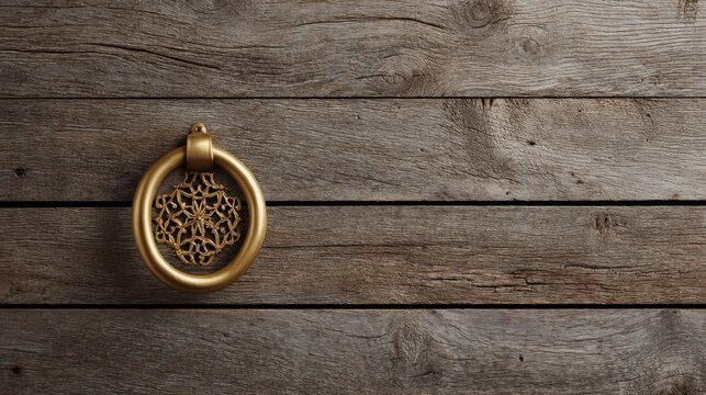 Vintage brass door knocker with intricate design on weathered wooden door, closeup of rustic craftsmanship and classic charm with copy space