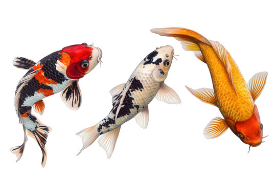 Three colorful koi fish isolated on transparent background, swimming gracefully with their vibrant patterns and elegant fins creating a captivating aquatic scene