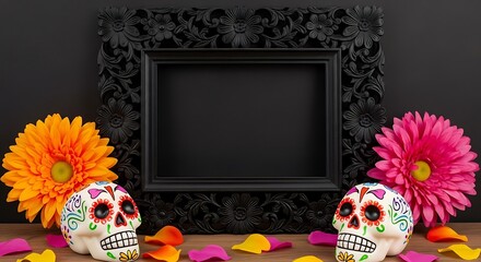 Day of the dead composition with sugar skulls, orange and pink gerbera flowers, and a black frame on a wooden table against a dark background