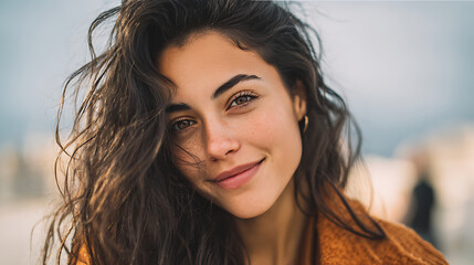 young hispanic woman with radiant smile looking directly at the camera capturing confidence happiness and modern beauty in a fresh portrait scene