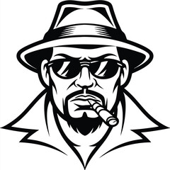 Stern man wearing sunglasses and hat smokes a thick cigar, outlined in stark black