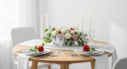 Elegant dining table set for a romantic dinner with flowers and candles on light background