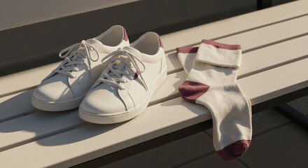 Stylish white sneakers paired with trendy socks on a wooden bench in natural light