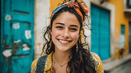 friendly hispanic young woman smiling warmly at the camera with natural charm positive vibe and soft daylight creating a simple elegant and cheerful portrait