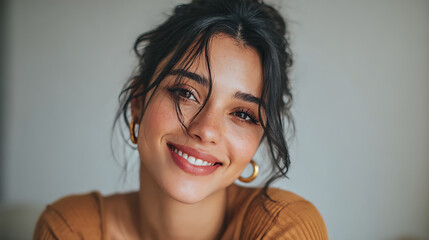 young hispanic woman with radiant smile looking directly at the camera capturing confidence happiness and modern beauty in a fresh portrait scene