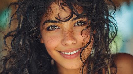 friendly hispanic young woman smiling warmly at the camera with natural charm positive vibe and soft daylight creating a simple elegant and cheerful portrait