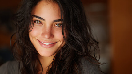 hispanic young woman smiling at the camera with soft natural lighting warm tones and a genuine expression creating a modern portrait full of charm and positivity