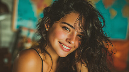 hispanic young woman smiling at the camera with soft natural lighting warm tones and a genuine expression creating a modern portrait full of charm and positivity