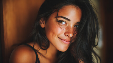 natural looking hispanic woman smiling brightly at the camera with youthful glow cheerful energy and relaxed style creating a simple clean and appealing portrait