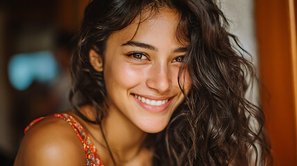 young hispanic woman with radiant smile looking directly at the camera capturing confidence happiness and modern beauty in a fresh portrait scene