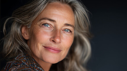 mature woman with attractive smile looking at the camera in soft natural lighting creating a warm welcoming and timeless portrait for lifestyle or beauty content