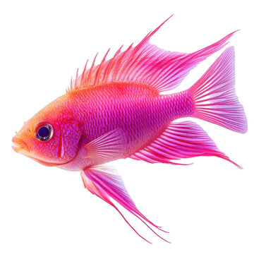 A vibrant pink ram cichlid, apistogramma ramirezi, swims gracefully, its iridescent scales shimmering in the light, isolated on transparent background