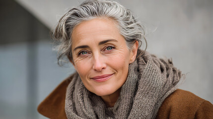 mature woman with attractive smile looking at the camera in soft natural lighting creating a warm welcoming and timeless portrait for lifestyle or beauty content