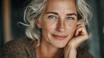 mature woman smiling softly at the camera with gentle expression positive mood and refined charm creating a calm authentic and elegant portrait
