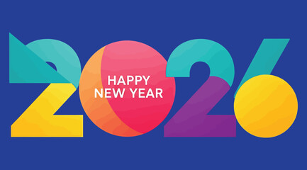 Happy new year 2026 text with colorful abstract shapes and gradient circle in the center, celebrating the upcoming year with festive and modern design elements