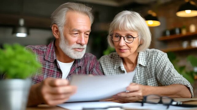 Senior couple reviews estate planning documents at kitchen table, surrounded by finance books, glasses, discuss retirement, wealth management, future security decisions, scene sign