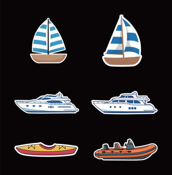 Variety of Water Transport Vehicles Cartoon Sticker Set: Sailboats, Yachts, Kayak, and Inflatable Boat Vector Collection