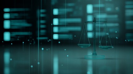 Digital rendering of a translucent balance scale floating against a layered technological interface with data panels and glowing nodes, symbolizing justice and hightech innovation