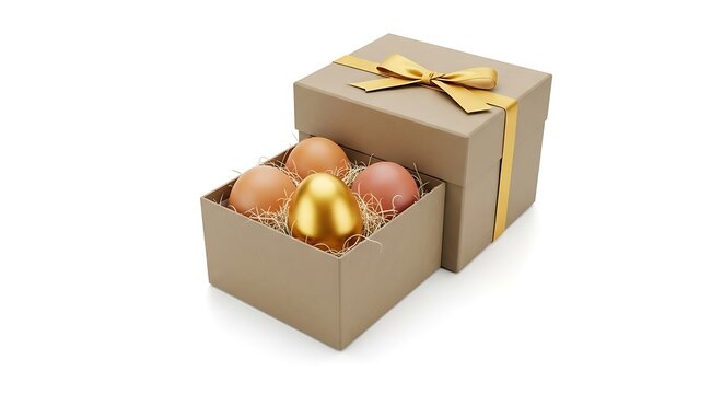 Golden egg in a gift box with other eggs, isolated on white background, representing wealth, prosperity, and the concept of finding treasure