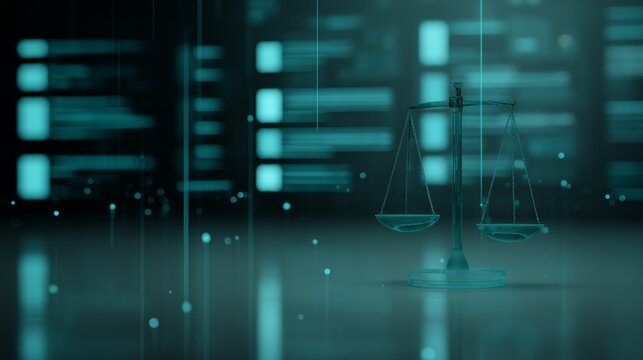 Digital rendering of a translucent balance scale floating against a layered technological interface with data panels and glowing nodes, symbolizing justice and hightech innovation - Powered by Adobe
