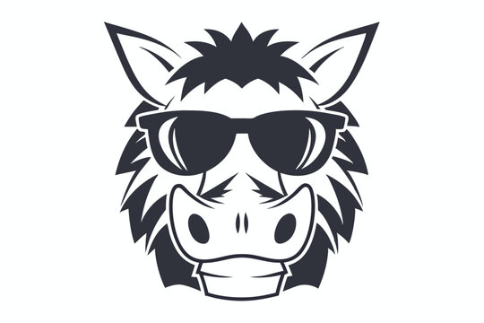 Stylized donkey head wearing dark sunglasses presents a simple, cool, and modern minimalist animal mascot