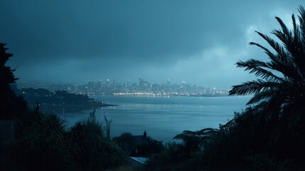Dusk city skyline across a tranquil bay framed by silhouetted tropical foliage with dramatic dark clouds in the sky