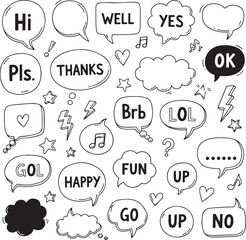 Hand drawn speech bubbles doodle pattern with internet slang and chat words