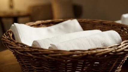 White folded and rolled linens neatly arranged in a rustic wicker basket
