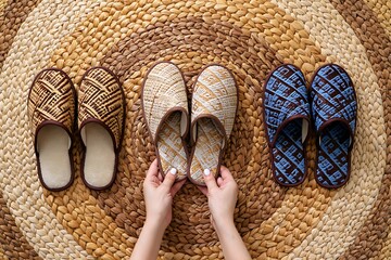 Three Pairs Of Slippers Arranged On A Woven Round Mat With Hands Holding One Pair Keywords: slippers, footwear, shoes, home, comfort, cozy, indoor, casual, textile, woven, mat, round, pattern