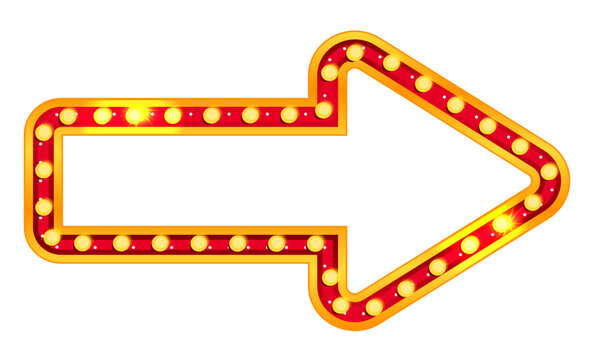 Retro arrow marquee sign with light for circus, casino or carnival with red border lightbox. Board element for broadway showtime or billboard sale. Isolated Vegas sparkle and flare lamp vector
