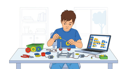 Young boy enthusiastically building futuristic robot with laptop coding educational STEM project at desk