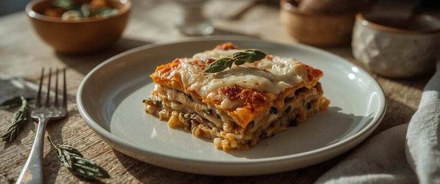 Baked vegetable lasagna with melted cheese on rustic table