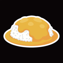 Traditional Japanese Curry Rice Dish Sticker Design Vector Illustration with White Rice and Golden Yellow Sauce Served on a Plate Food.