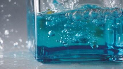 Extreme closeup of rising oxygen bubbles in turquoise liquid creating smooth vertical trails with subtle ripples and reflections, on a clean white background with copy space