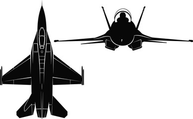 Fighter jet silhouette, top and front view, military aircraft icon, black warplane, air force, vector illustration, combat plane, isolated graphic set.