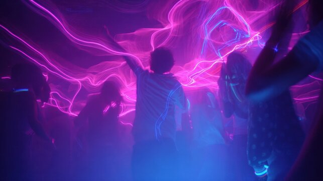 Friends gather in a lively downtown venue, dancing under vibrant neon lights. The atmosphere is electric with music, laughter, and colorful visuals creating an unforgettable night. - Powered by Adobe