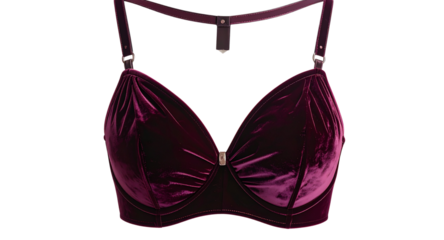 Flat-Lay Velvet Bra with Deep Color Tones and Metal Details, Top-Down Luxury Product Shot, Transparent