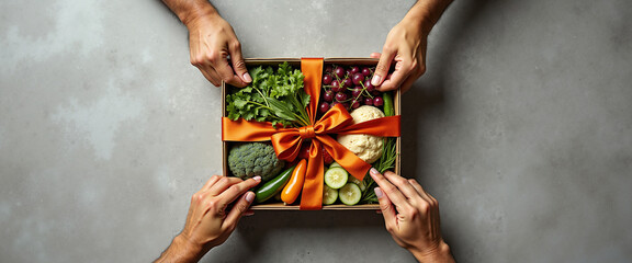 People sharing a box of fresh vegetables with orange ribbon on a table