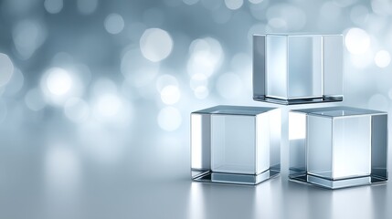 Obraz premium Translucent cubes floating against a softfocus bokeh background with copy space highlighting geometric forms and modern elegance