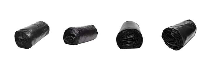 Black Garbage Bag Rolls Set. Waste Management And Environmental Solutions Collection Isolated On Transparent Background