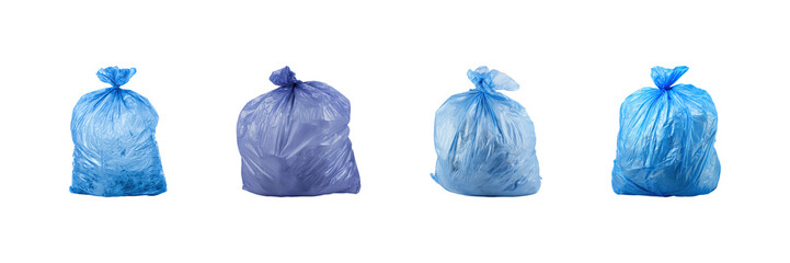Fototapeta premium Four Blue Plastic Garbage Bags Set. Waste Management And Environmental Awareness Collection Isolated On Transparent Background