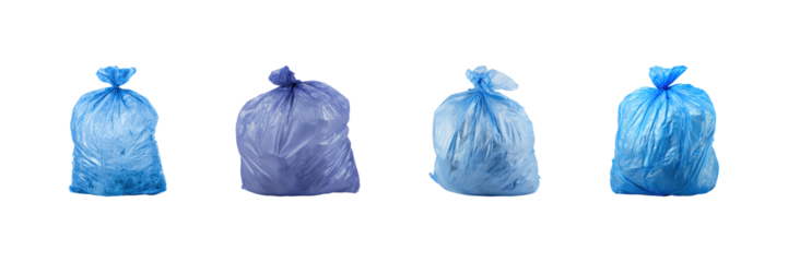 Four Blue Plastic Garbage Bags Set. Waste Management And Environmental Awareness Collection Isolated On Transparent Background
